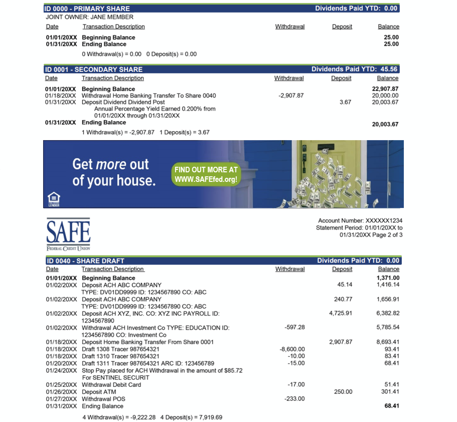 Section of sample account statement showing Primary Share, Secondary Share, and Share Draft suffixes.