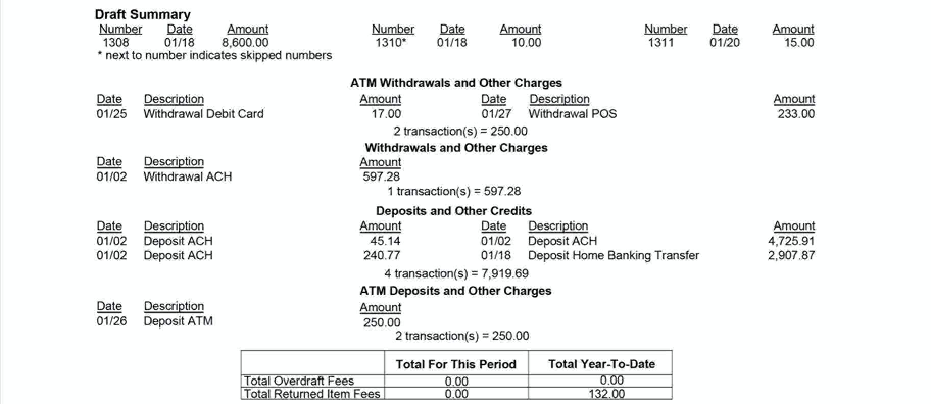 Section of sample account statement with Draft Summary, Overdraft Fees, and Returned Item Fees.