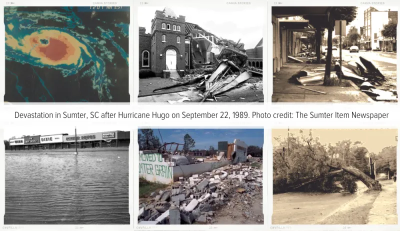 Devastation in Sumter, SC after Hurricane Hugo on September 22, 1989.