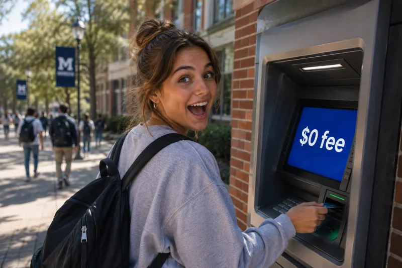 young woman using a $0 fee ATM