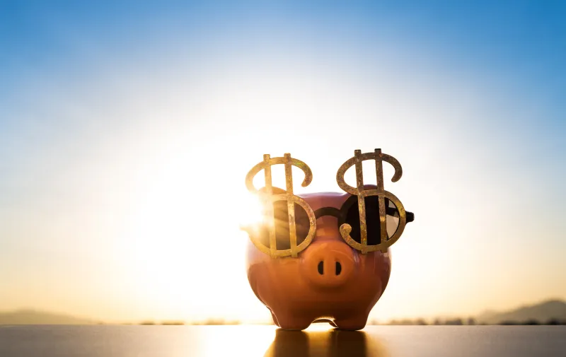 Piggy bank wearing dollar sign glasses