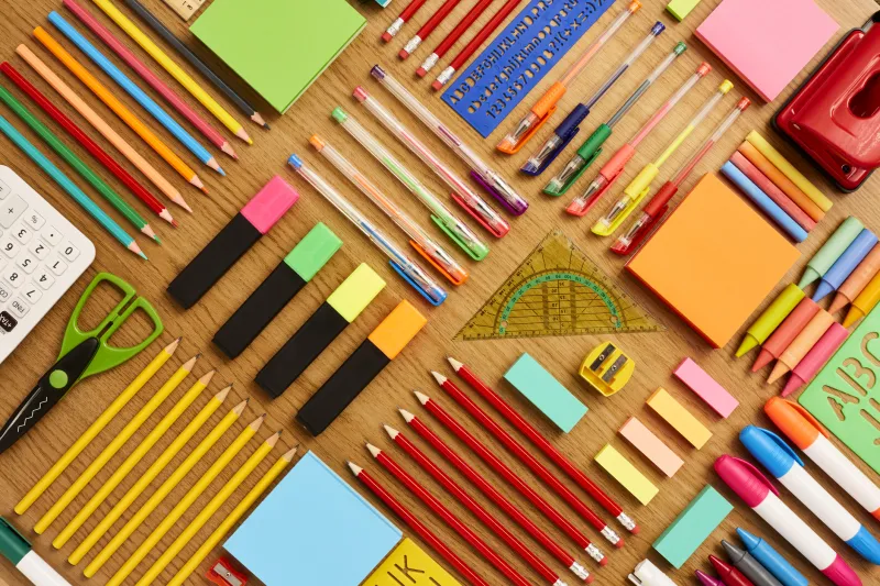 school supplies laid out on a table