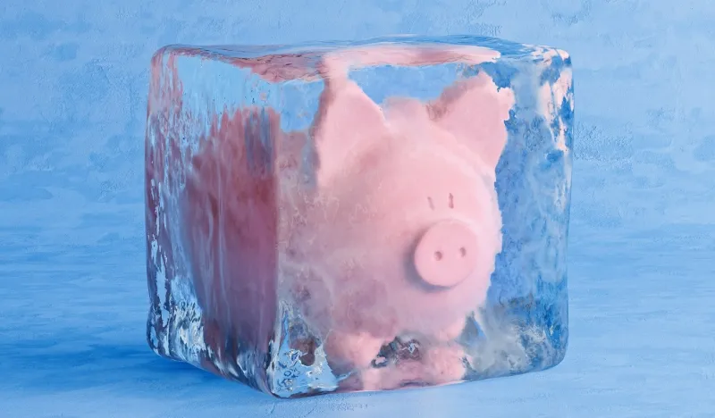 Pink piggy banking frozen in a block of ice.