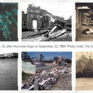 Devastation in Sumter, SC after Hurricane Hugo on September 22, 1989.