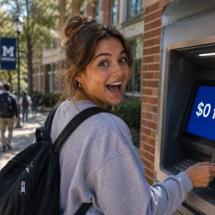 young woman using a $0 fee ATM