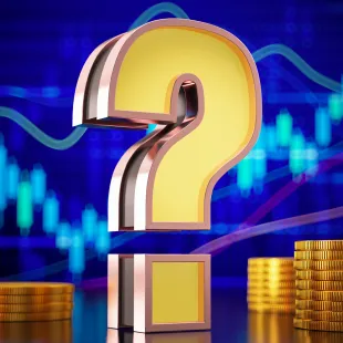big gold question mark in front of a stock market graph