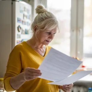 senior woman looking at her bank statement.