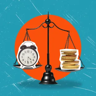 a scale weighing a clock and money