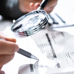 a magnifying glass looking over paperwork