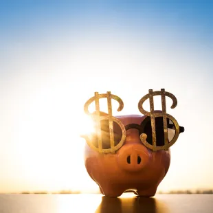 Piggy bank wearing dollar sign glasses