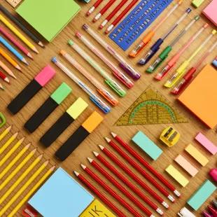 school supplies laid out on a table