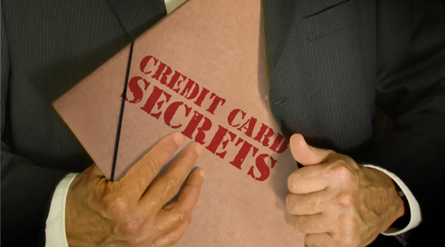 Hand holding file folder that reads, "credit card secrets"